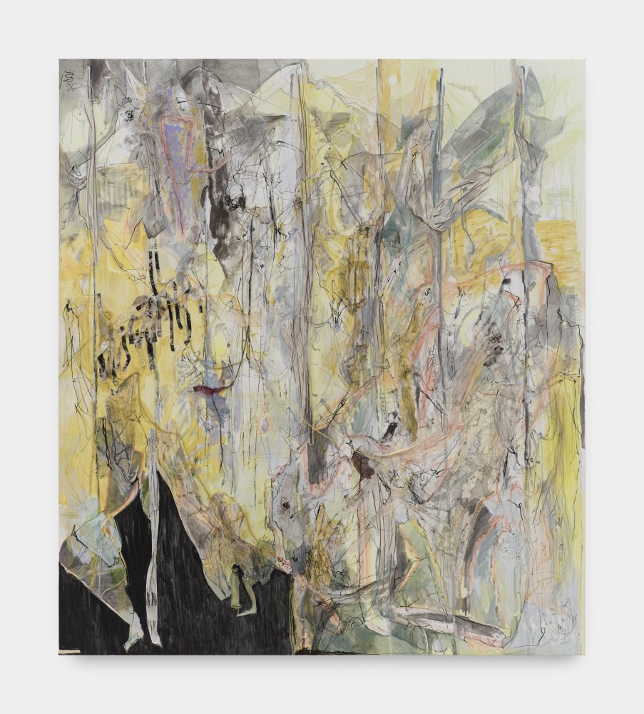A textured painting in yellow and grey swatched of color with strings of gauze and string vertically integrated into the canvas.
