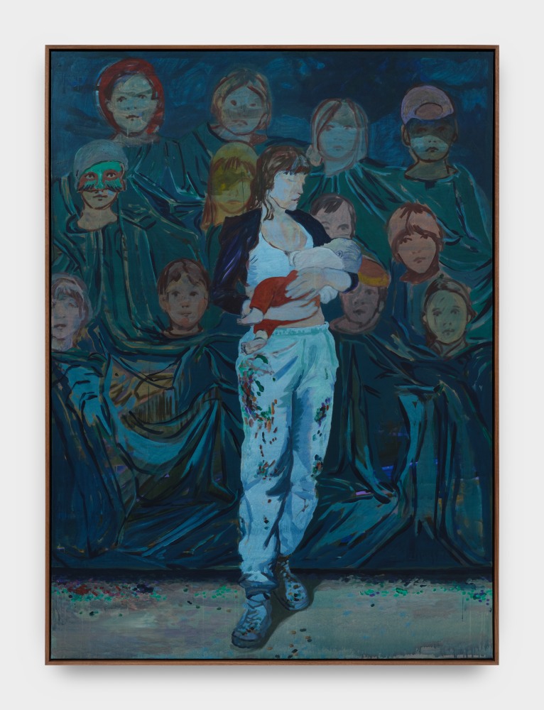 A portrait of the artist holding a baby with several cloaked figures in the background.