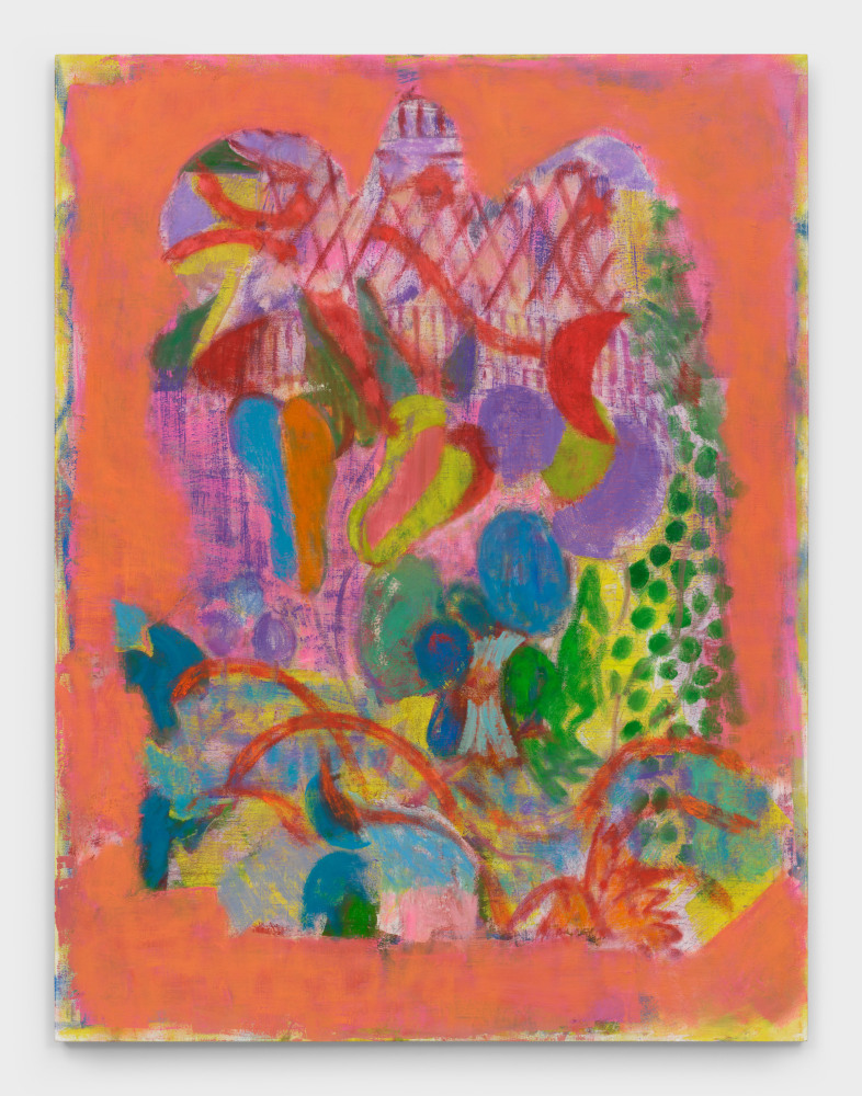 A painting by Michael Berryhill titled &quot;Kareem,&quot; which shows colorful, abstract fruit-like shapes against a burnt orange background