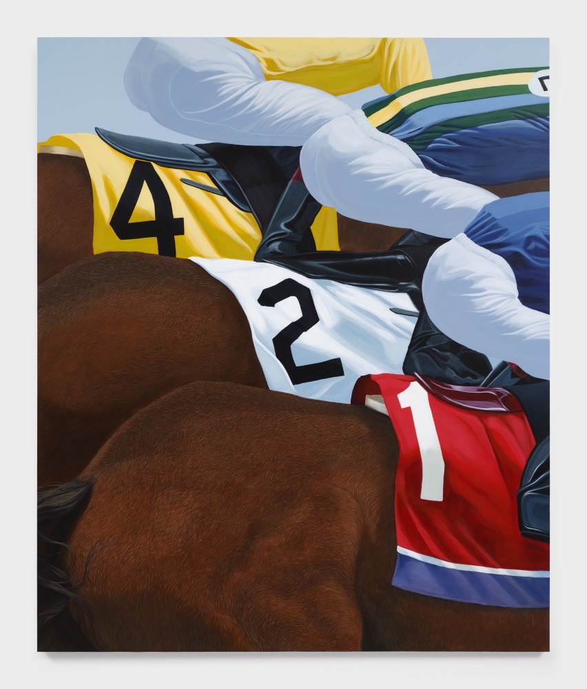 A painting depicting the back side of three horses and their riders in racing position.