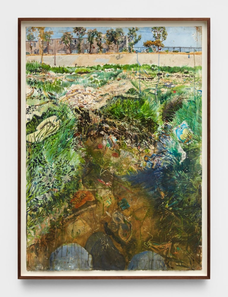 A swampy marsh of deep green grasses littered with chip bags, liquor bottles and spray paint cans rendered in delicate watercolor brush strokes.