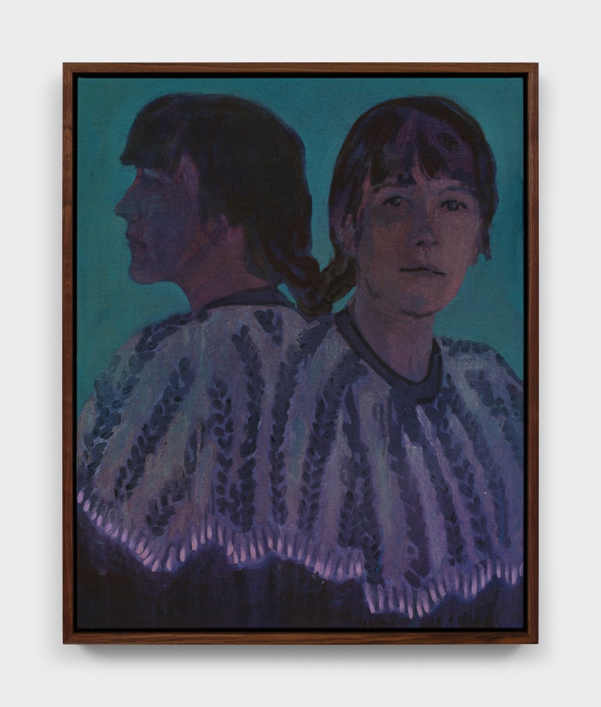 A mirrored self portrait of the artist in a purple sweater against a blue background.