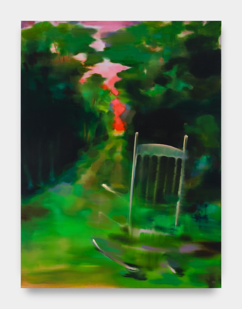 A painting of a white rocking chair in motion at the base of a green pathway leading to a pink sunset.