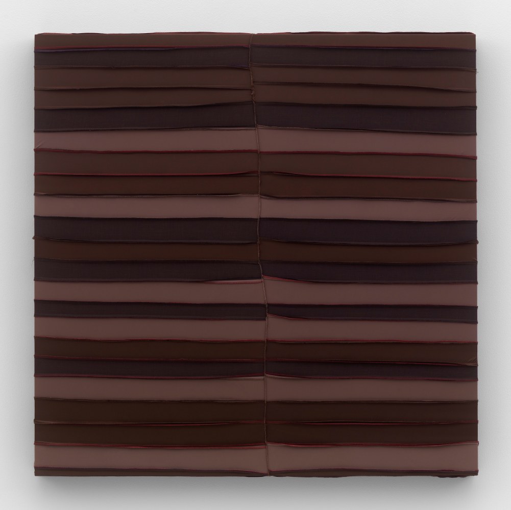 A square painting of varying tones of brown durags sewn together in horizontal stripes.