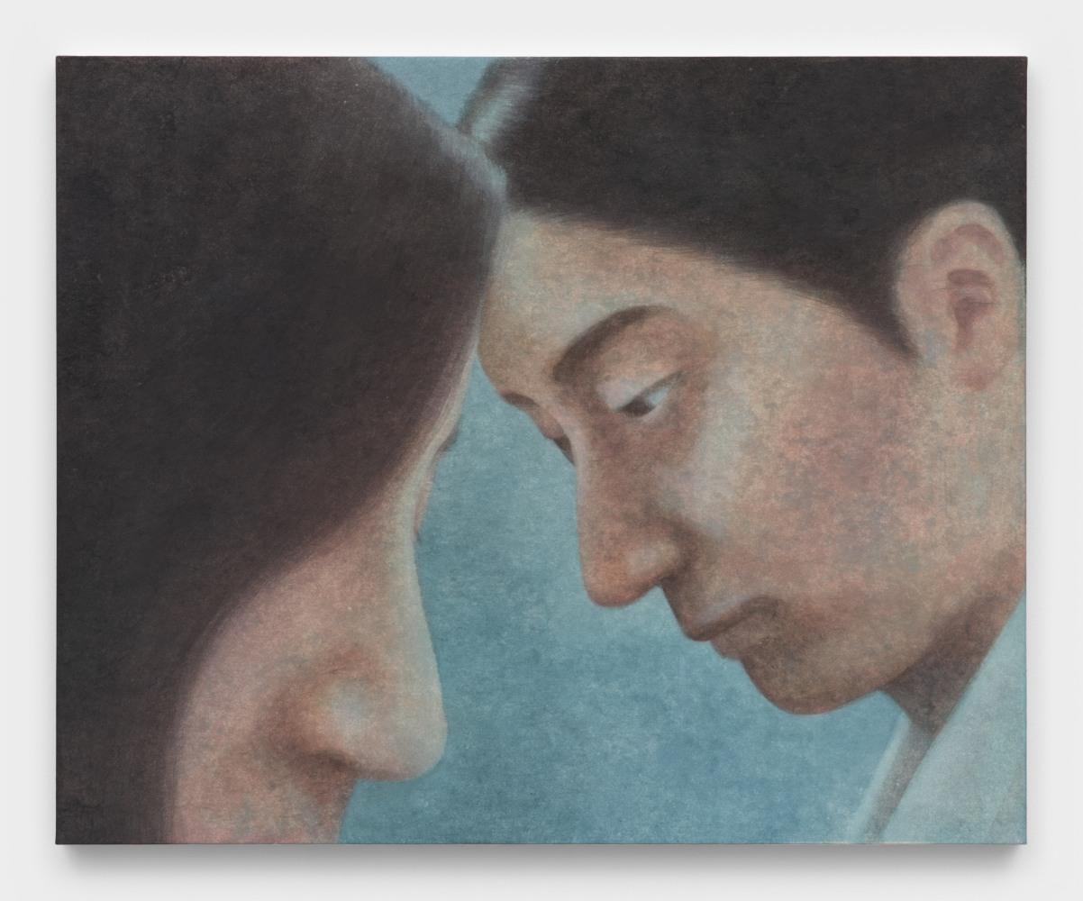 A painting of two people facing each other but looking downward against a pale blue background.