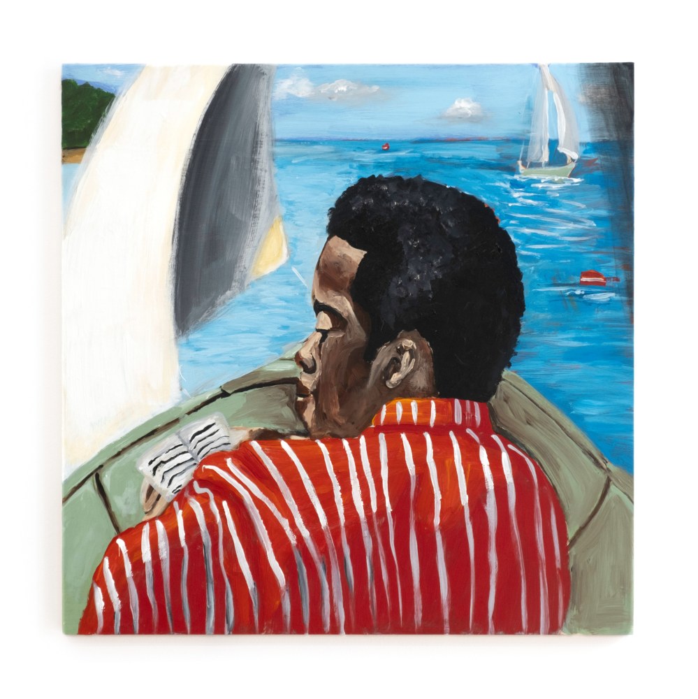 A painting of a man on a sailboat reading a book.