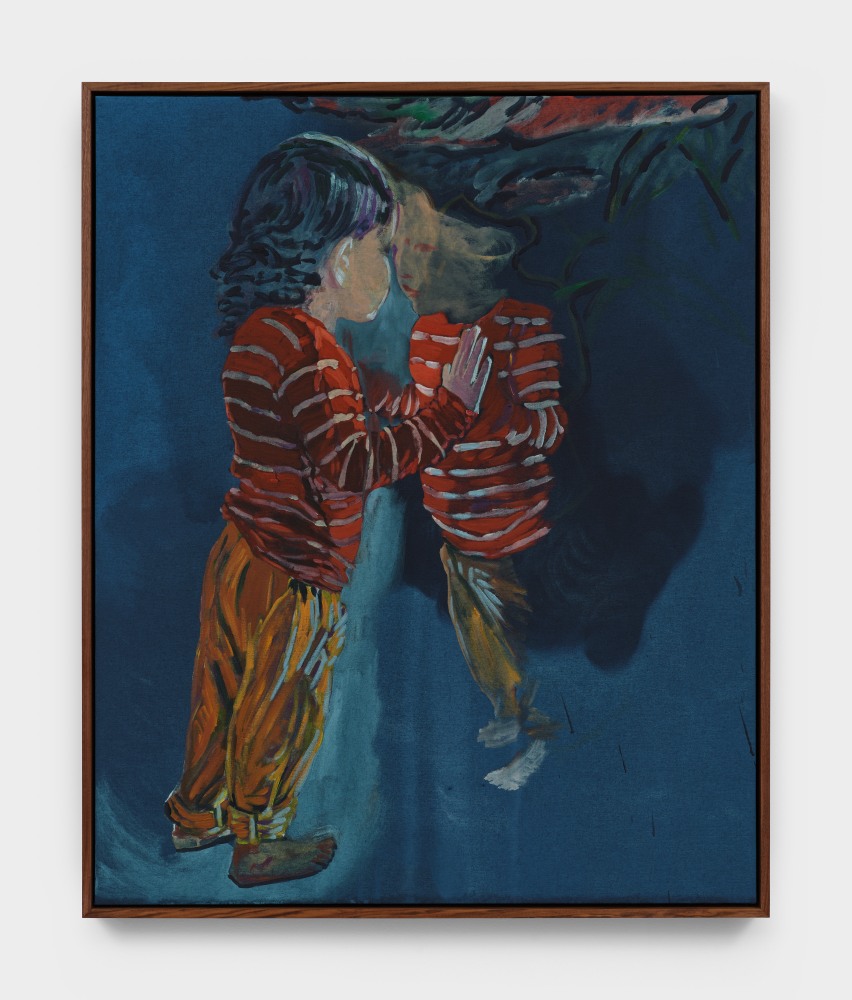 A painting of a child in a white and red striped shirt looking at a partial reflection in a deep blue background.