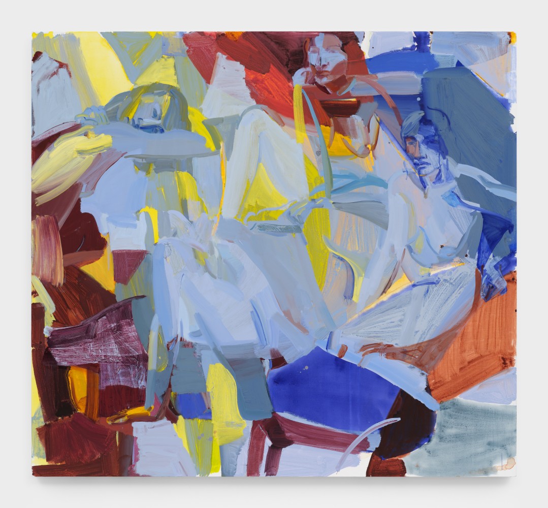 In wide swatches of blue, yellow and rust tones the forms of three women in restful poses emerge from the abstraction that dominates the composition.
