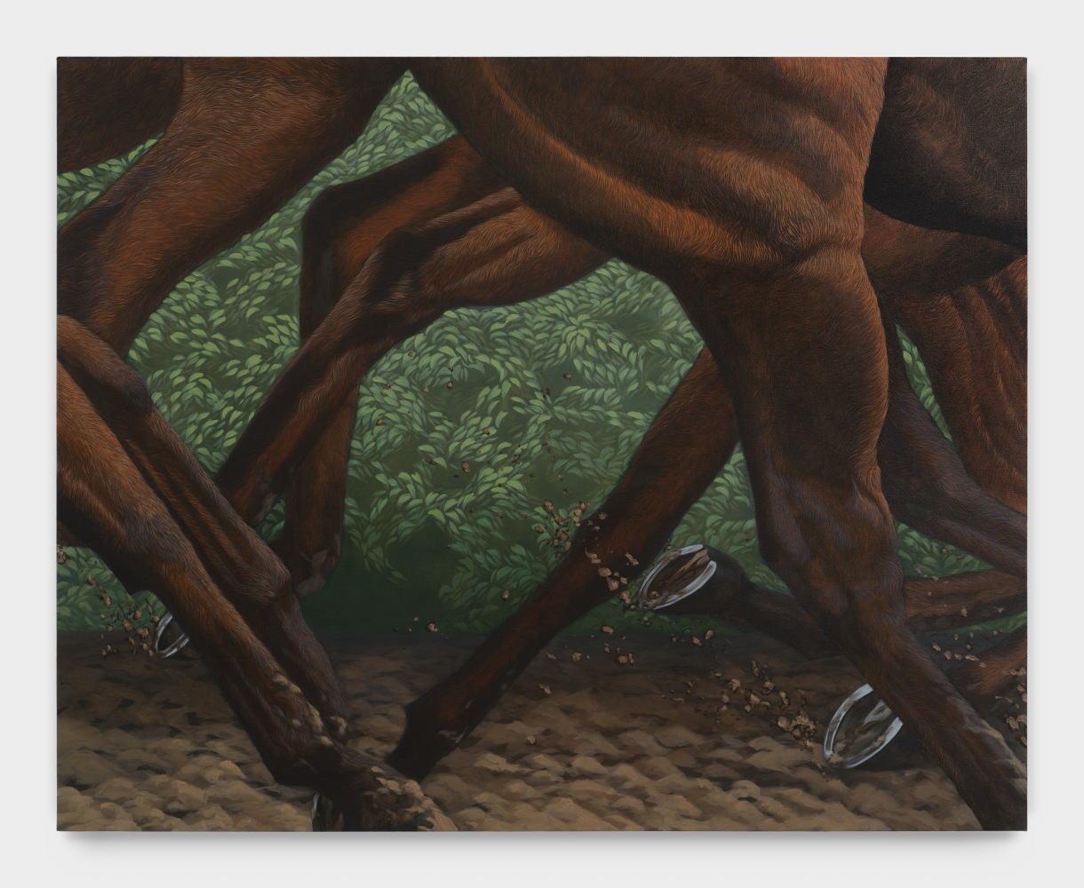 A painting depicting the legs of multiple brown horses running through splashing mud with shrubbery in the background.