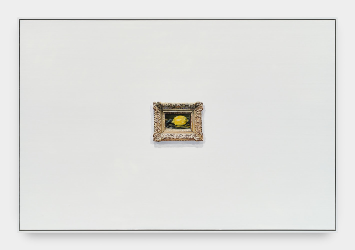 A painting of a white wall with a recreation of Édouard Manet's &quot;Le Citron&quot; in a gilded frame in the center.