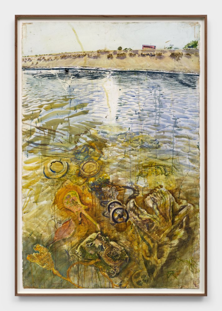 A watercolor painting depicting a guitar, tires, a stroller and a barbie doll submerged in ochre and blue waters with the sun gleaming on the surface.
