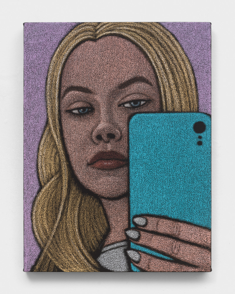 An oil pastel painting of a woman taking a selfie in a mirror on a smartphone.