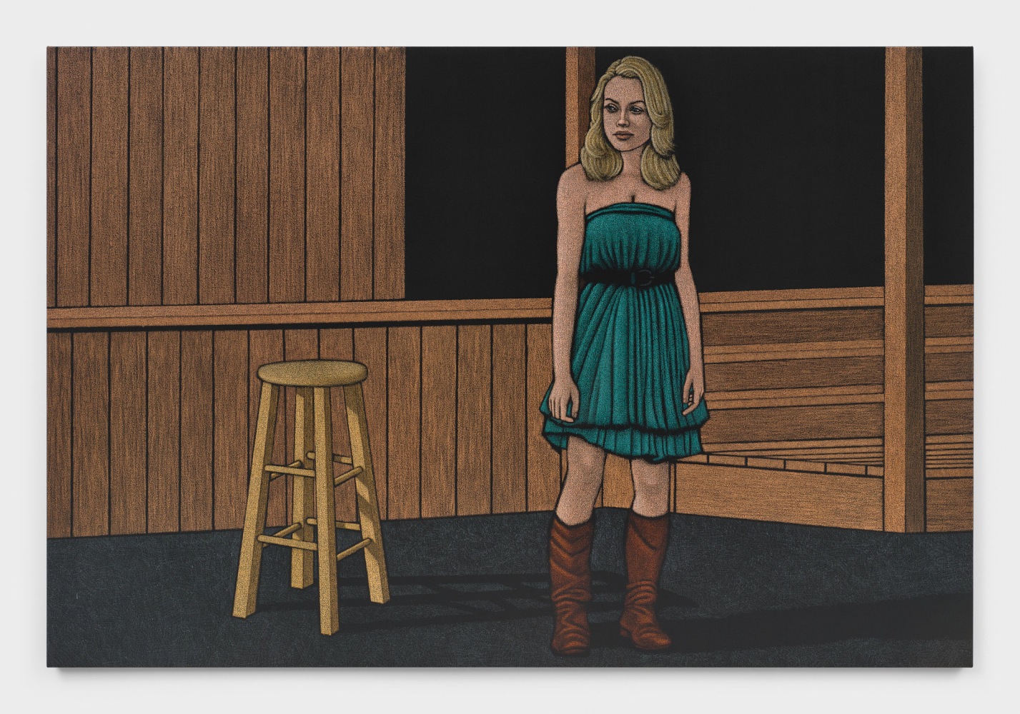 An oil pastel painting of a blonde woman in a teal dress and long brown boots gazing to the right of the canvas in a wooden room with a wooden stool.