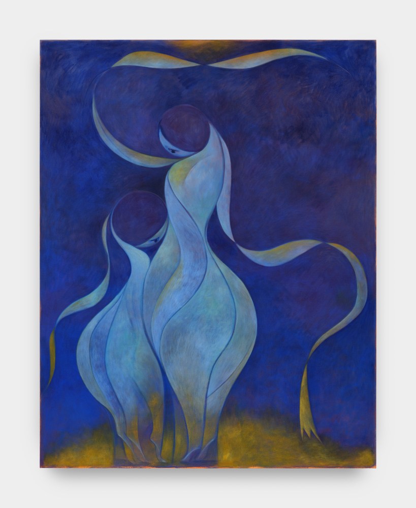 A painting depicting two light blue rounded figures on tip toe with ribbon like arms against an indigo background.