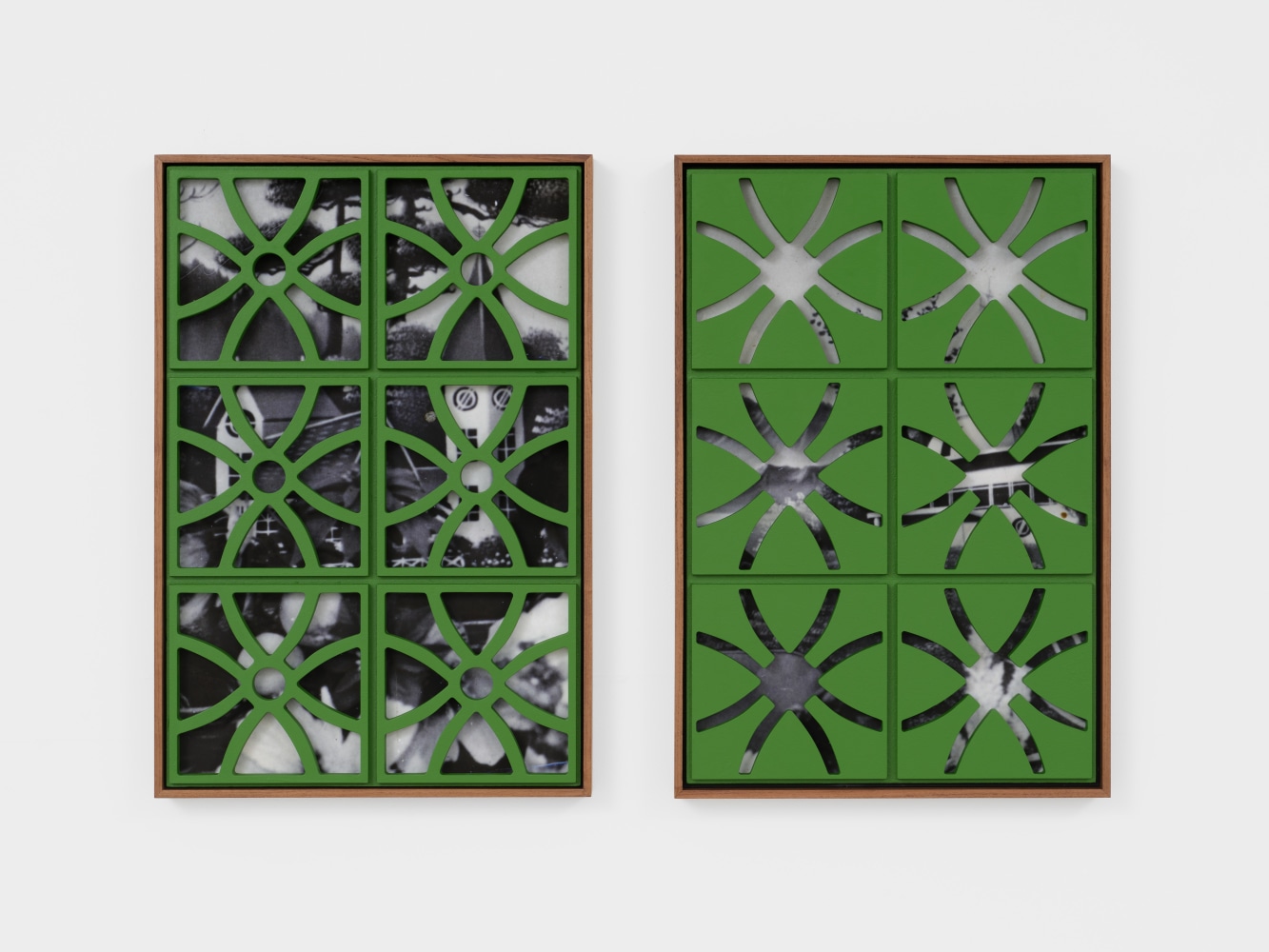 A diptych sculptural photograph with black an white images encased behind a green breeze brick facade.