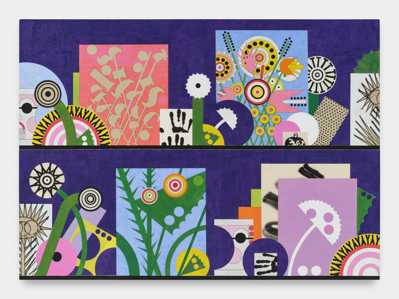 A collaged painting on a navy background with geometric flora and letter stamps and hand prints.