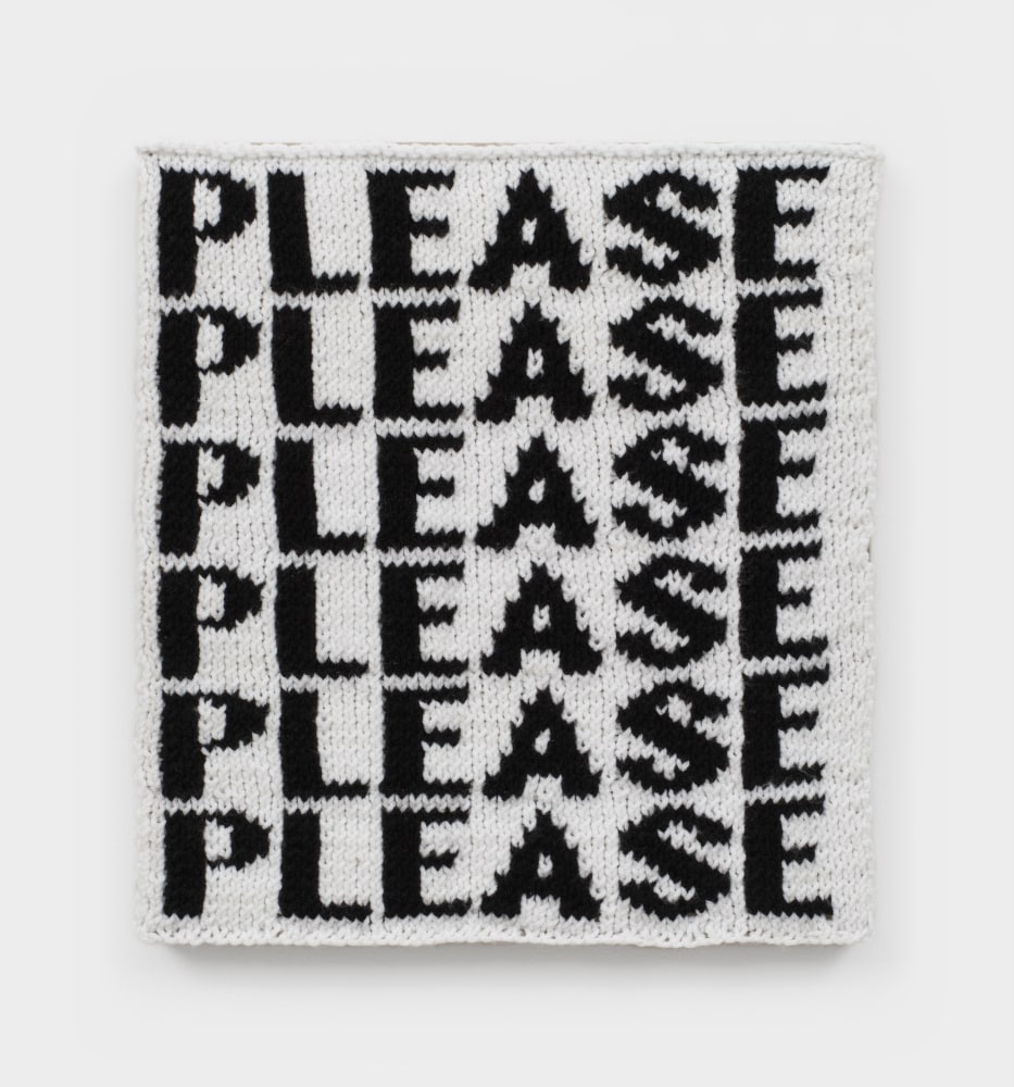 A knit artwork with the word &quot;Please&quot; six times in black yarn against a white background, sewn onto linen and stretched.