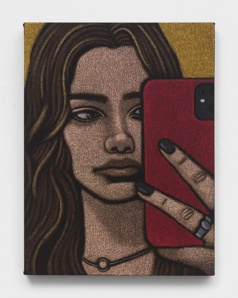 An oil pastel painting of a woman taking a selfie in a mirror on a smartphone.