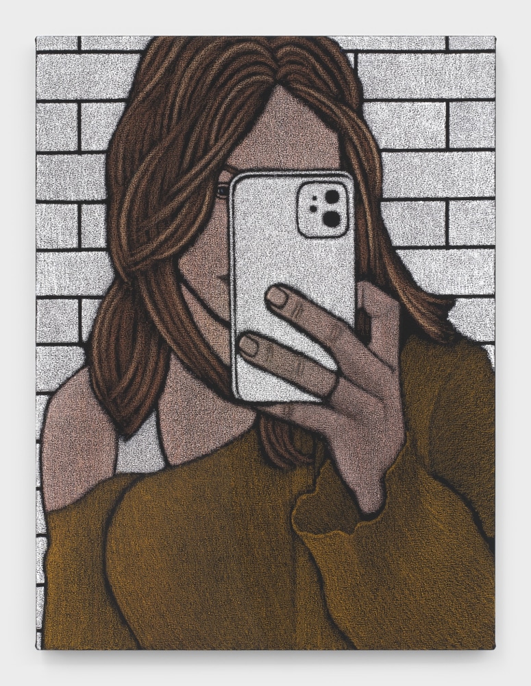 An oil pastel painting of a woman with brown hair in a brown sweater against a white brick wall taking a selfie with the viewer in the position of the mirror.