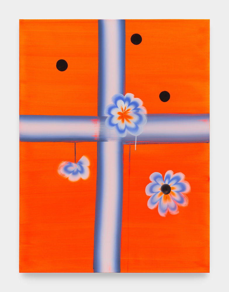 An orange painting with a blue and white cross in the center with three flowers and three black polka dots