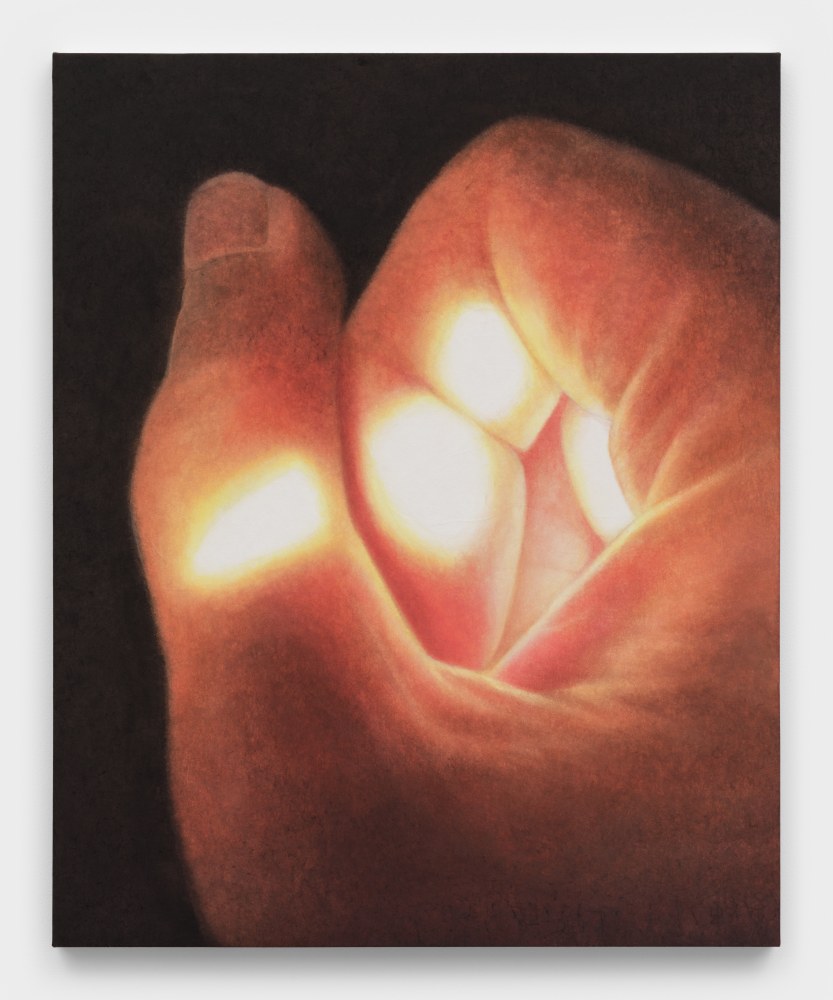 A painting of a hand in a making a loose fist with warm bright light gathering in the center of the palm.