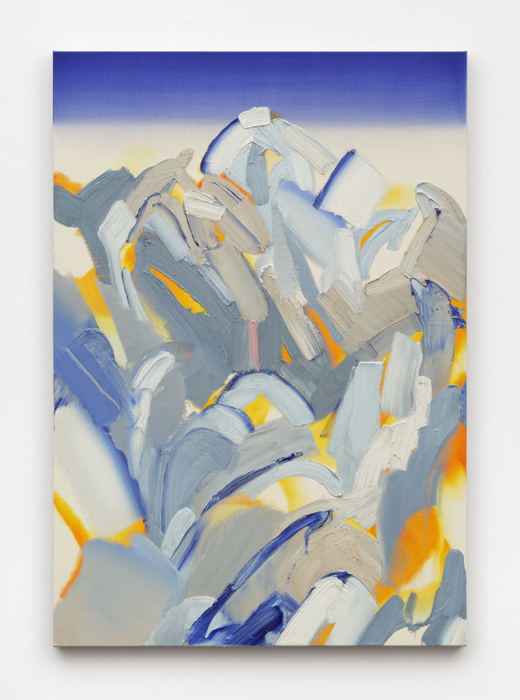 A painting of a mountain rendered in blues, oranges and whites.