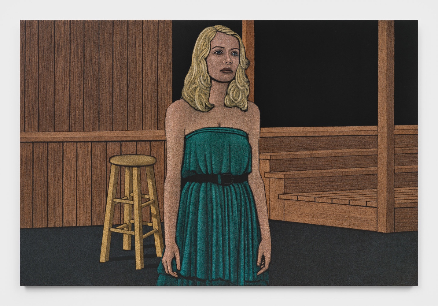 An oil pastel painting of a blonde woman in a teal dress in the foreground looking off into the distance past the viewer in a wooden room with a wooden stool behind her.