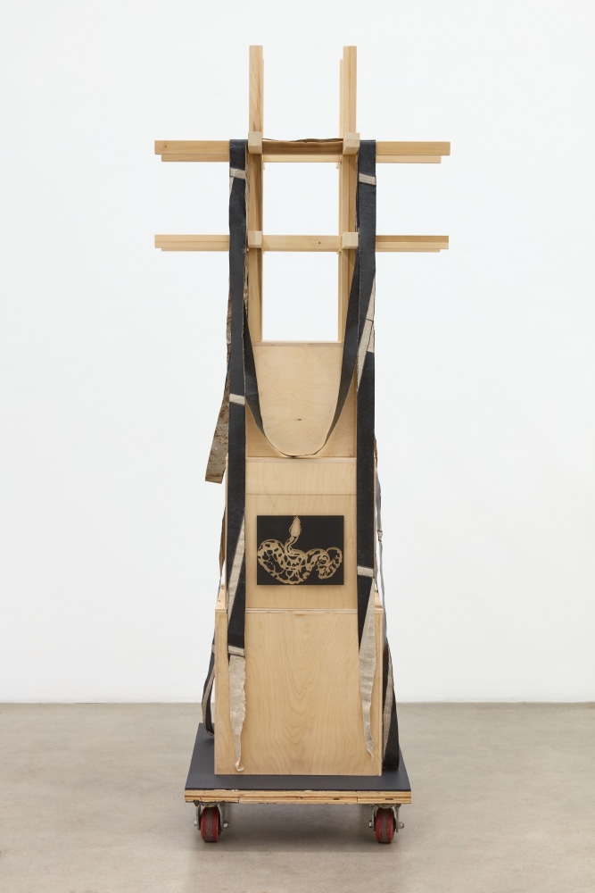 Mark&amp;nbsp;Flores
Everything Nothing, 2018
reclaimed wood, oil paint, acrylic paint, plexiglass and casters
89 1/4 x 30 x 25 in (226.7 x 76.2 x 63.5 cm)
MFL001