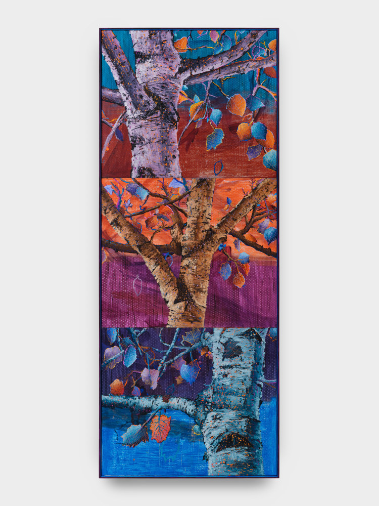 This artwork portrays three close up images of tree trunks. The top tree is colored in a muted mauve, the middle tree is a light brown, while the bottom tree is a light blue. All three trees have minimal leaves attached, in shades of faded orange and light blue. In the back ground of the top tree, the sky is a light blue with a reddish ground. The middle tree has an orange sky with a purple ground, and the bottom tree has an indigo sky and blue ground. Each image is meant to illustrate a time of day.