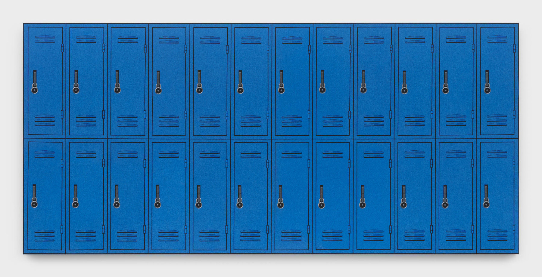 A life size oil pastel painting of twelve blue school lockers.