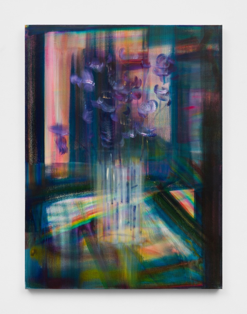 A painting with pale pink, green, blue and rainbow streaks of pigment with a vase holding purple flowers.