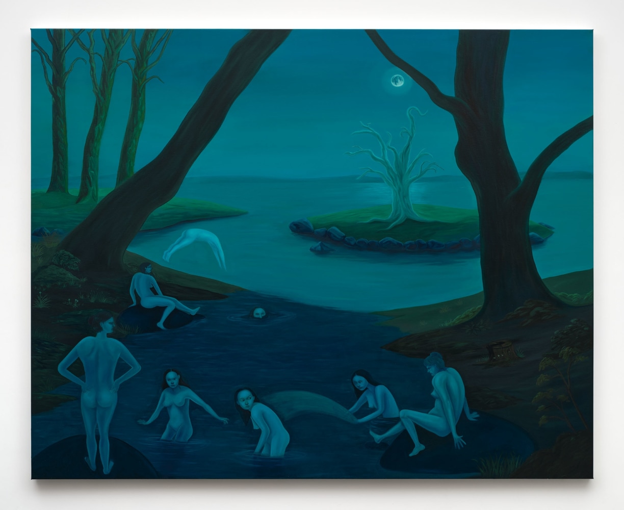 A painting of a group of nude swimmers playing by the water under a full moon