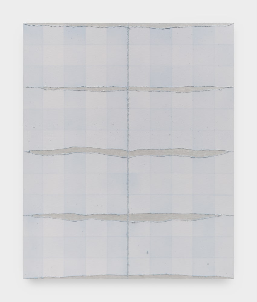 A painting on canvas of plaid in shades of gray and blue with a thin blue vertical line and three gray horizontal slashes at the center.