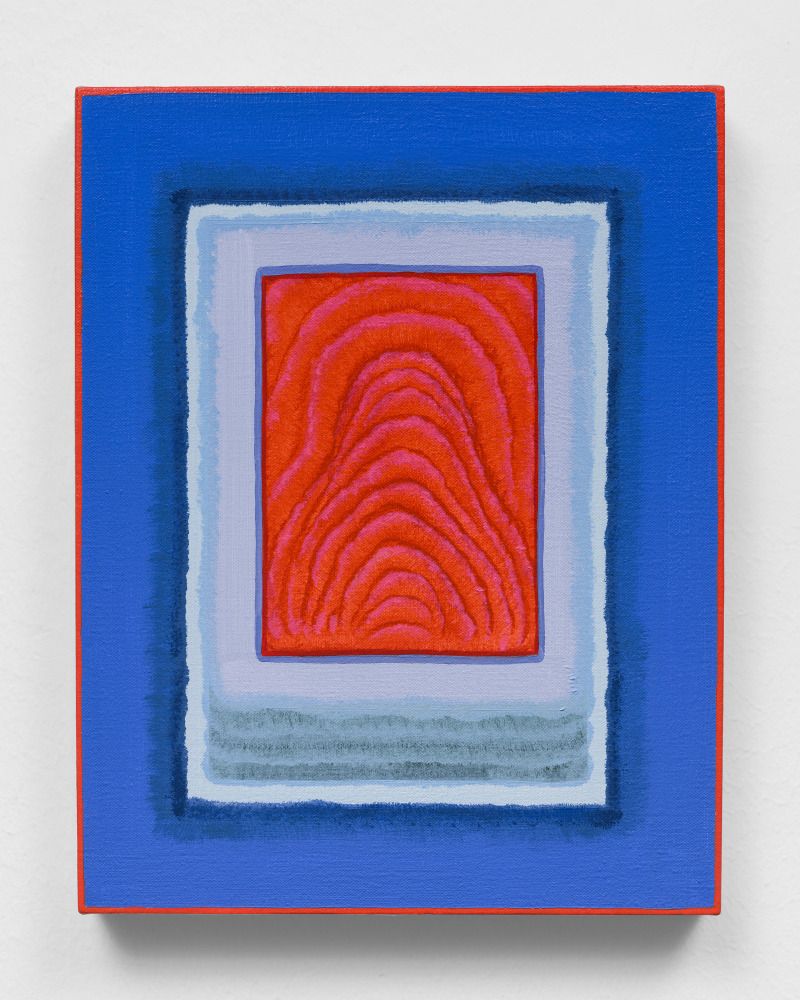 An abstract painting with blue borders in varying tones and a central series of deep crimson waves.