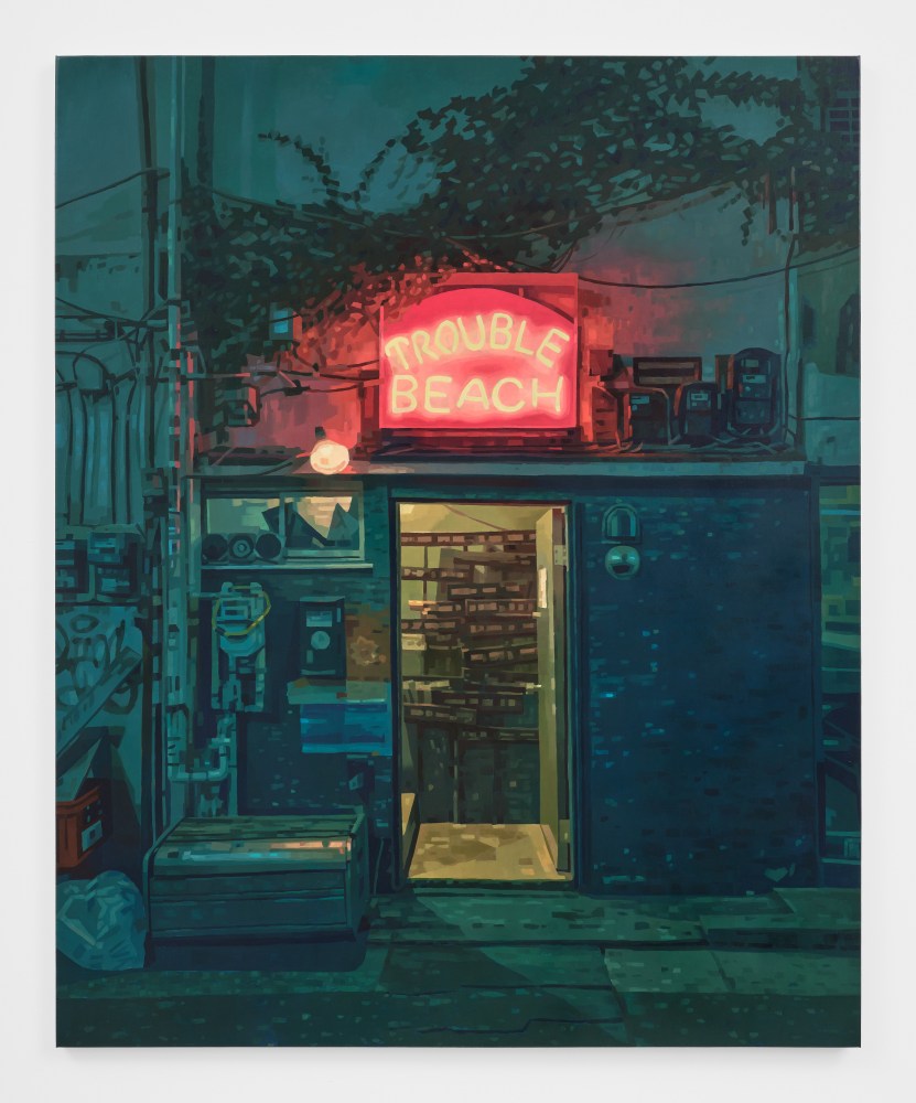 A painting of a shop with an open door whose sign above reads &quot;Trouble Beach&quot; in orange neon.