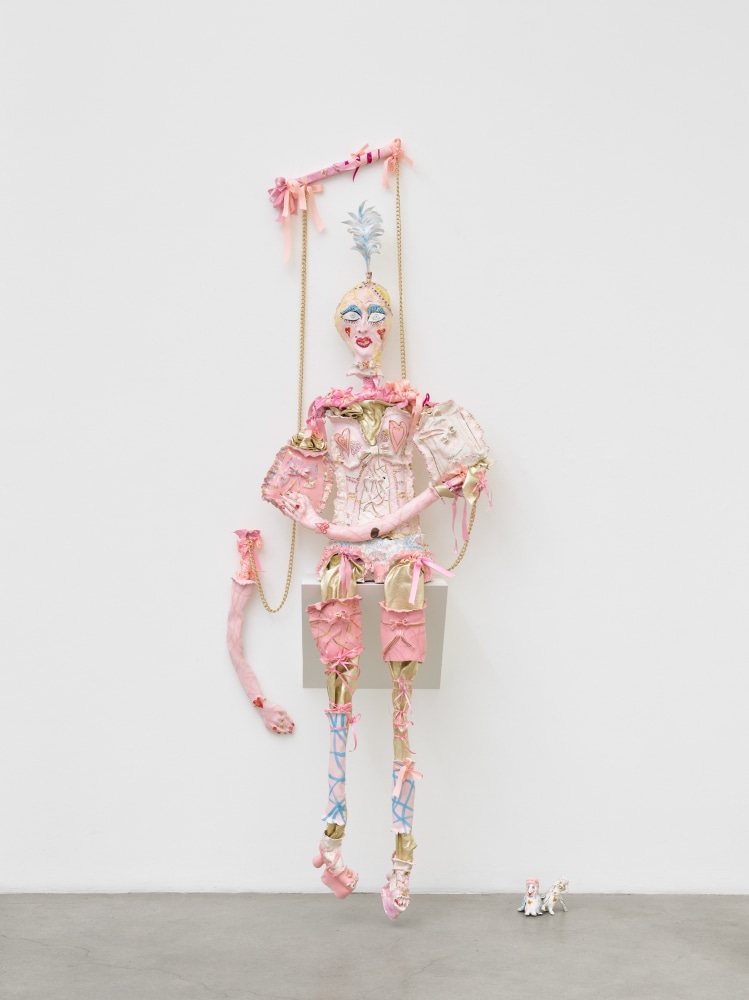 Liz, 2020 faïence, sugar glaze, gold lustre, ribbons, leather, gold chain Dimensions variable, Overall: 97 x 35 x 18 in (246.4 x 88.9 x 45.7 cm)
