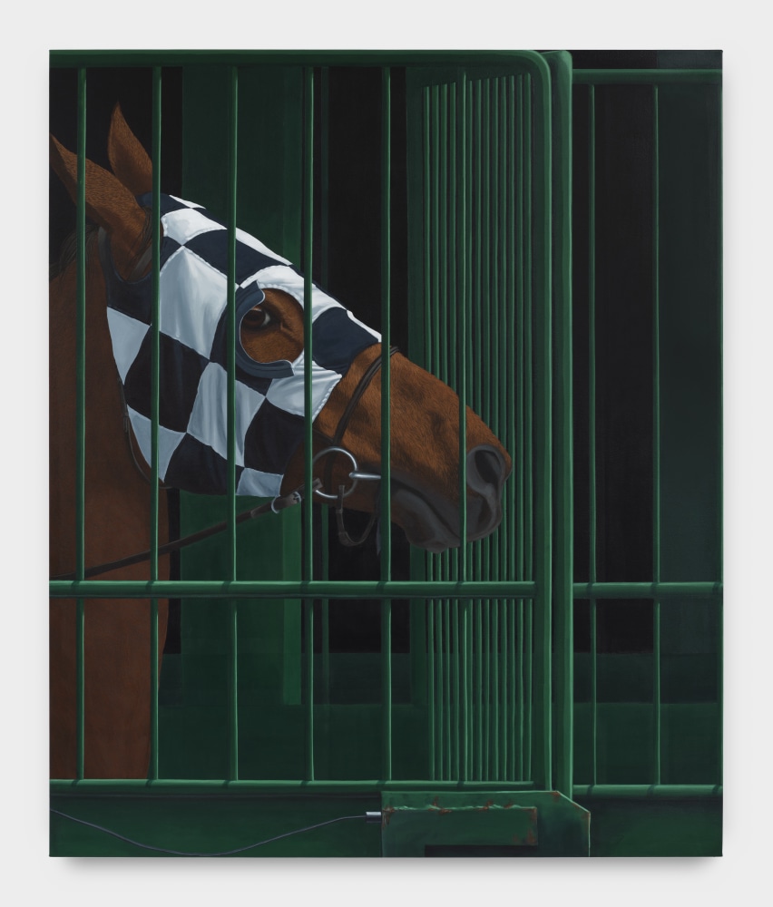 A painting depicting a brown horse in a checkered jumping mask looks at the viewer from behind a green gated paddock.