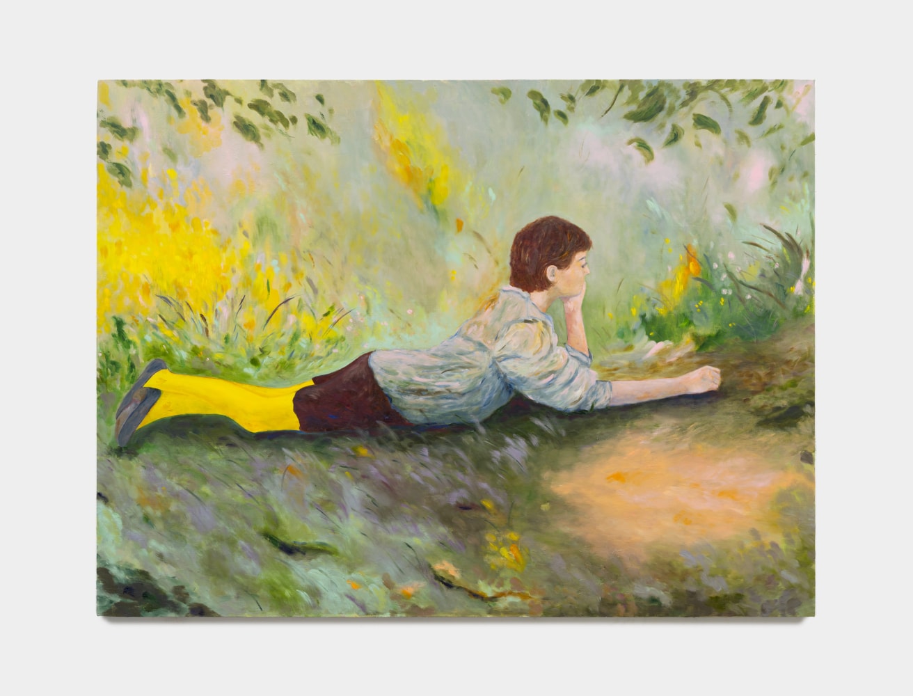 A painting of a young person laying in a field of yellow flowers and green grass.