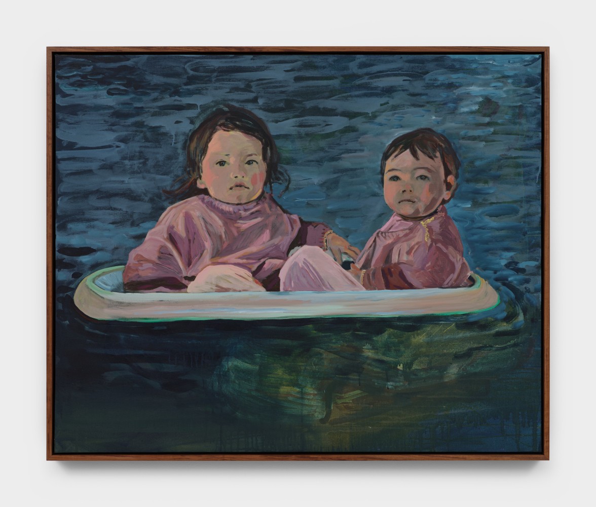 A painting of two young children in pale pink sweaters in a white vessel surrounded by blue/green waters.