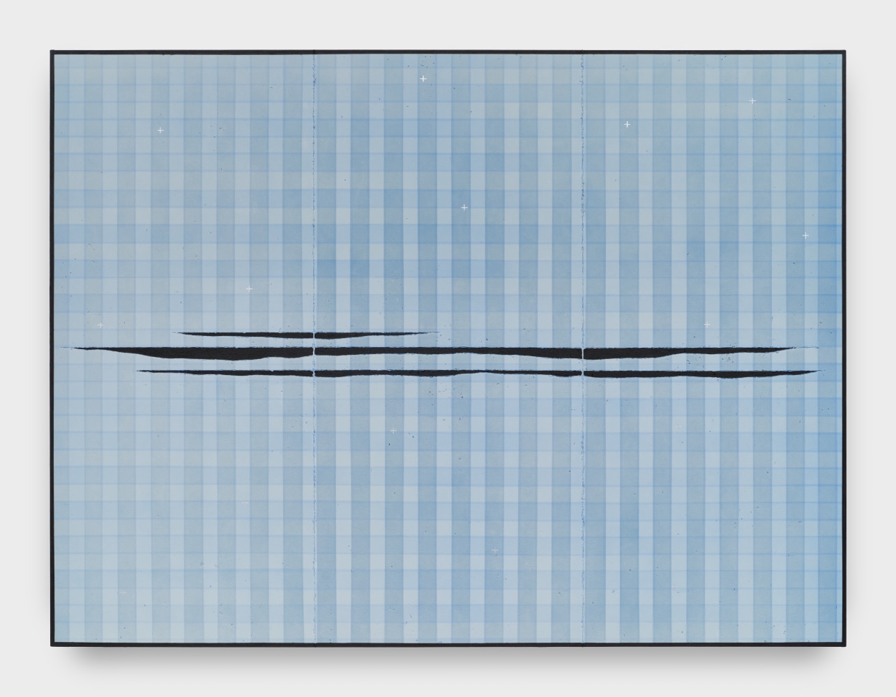 A painting on canvas of various blue tones in plaid with three horizontal black slashes through the center.