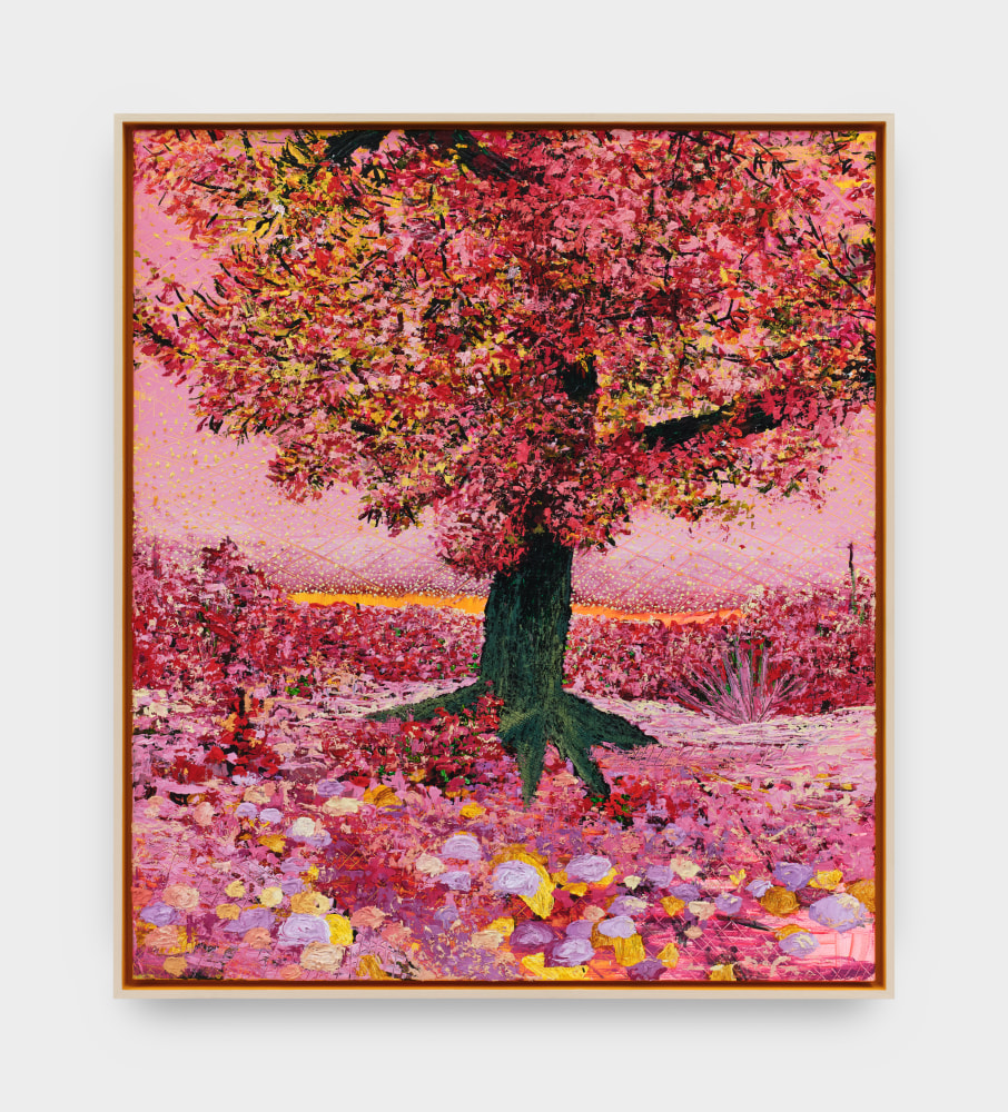 This piece consists of vivid reds, yellow, and multiple shades of pink. Together, the pigments illustrate a scene of a tree with a dark gray trunk at the center of canvas. A hill in the background and colorful fallen leaves at the foreground.