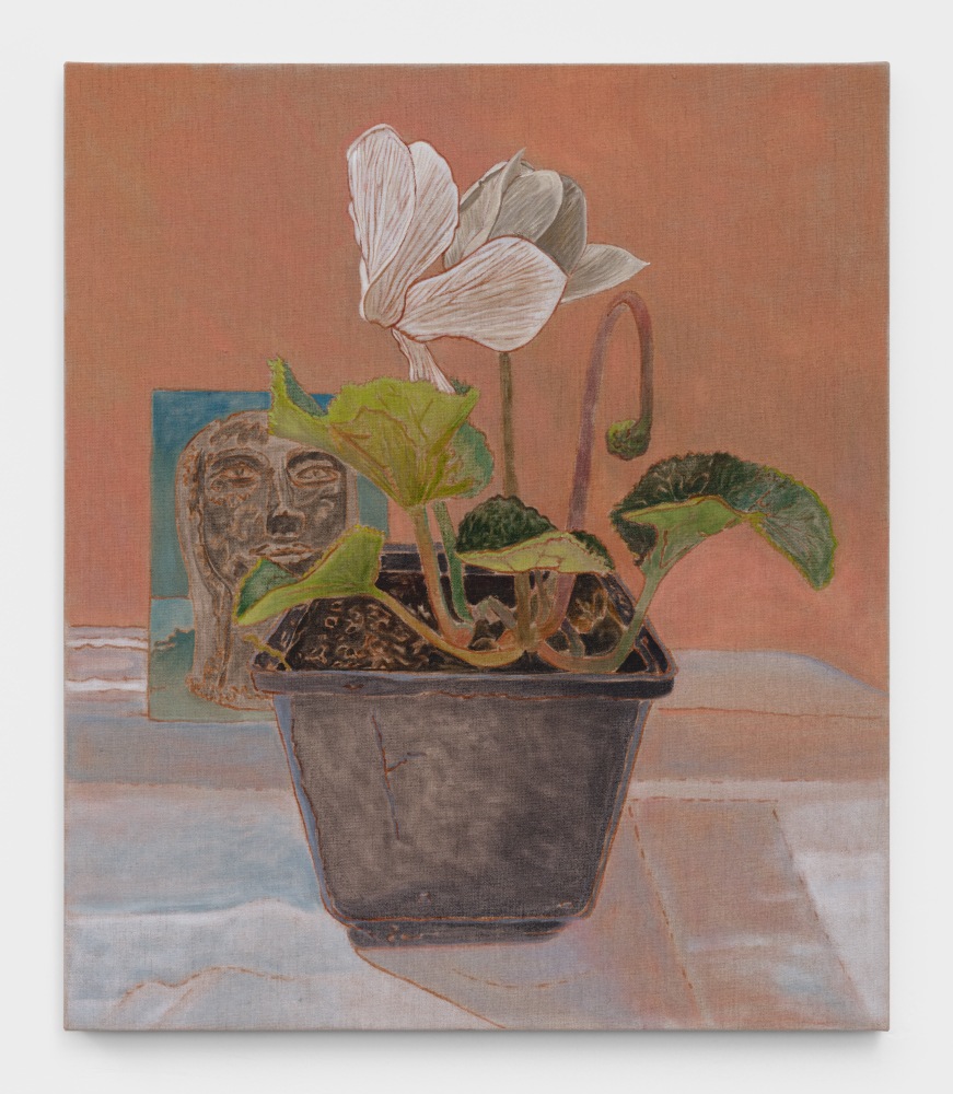 Cyclamen with postcard from Amy, 2022 oil on linen 27 x 23 in (68.6 x 58.4 cm)