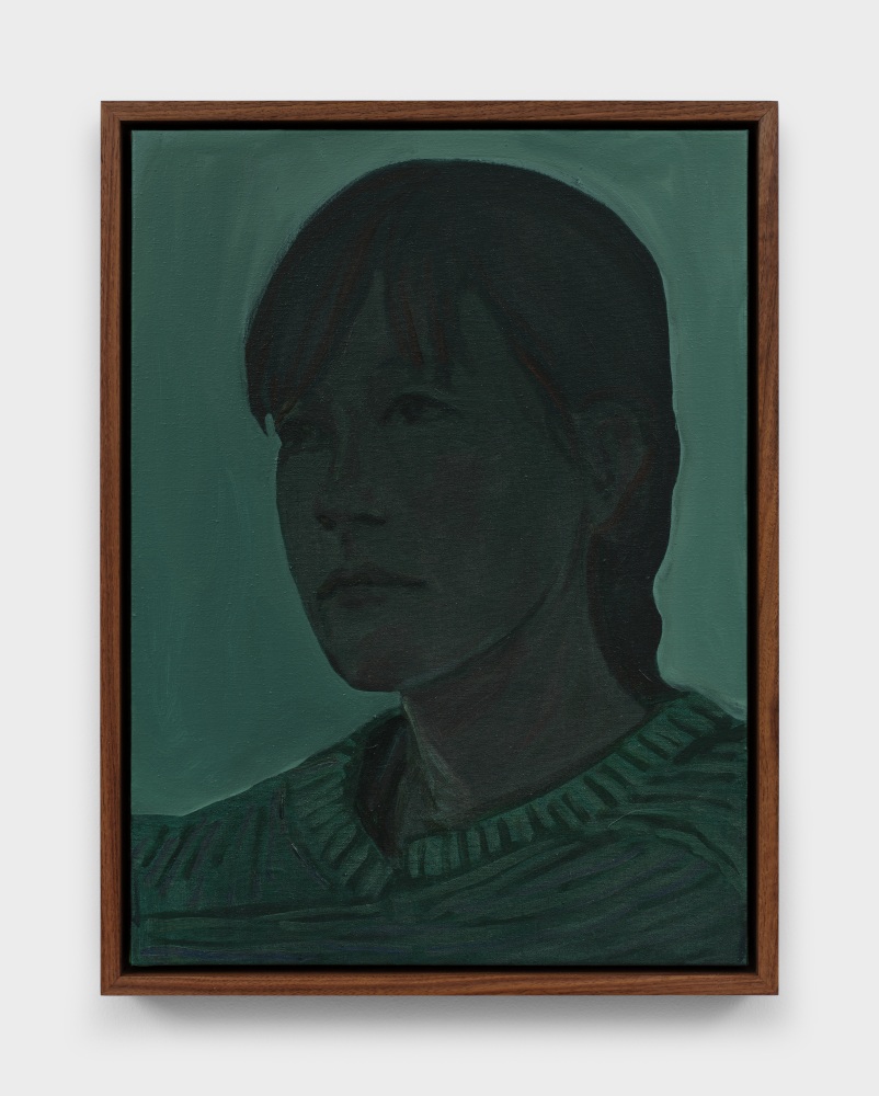 A self portrait of the artist in green hues.