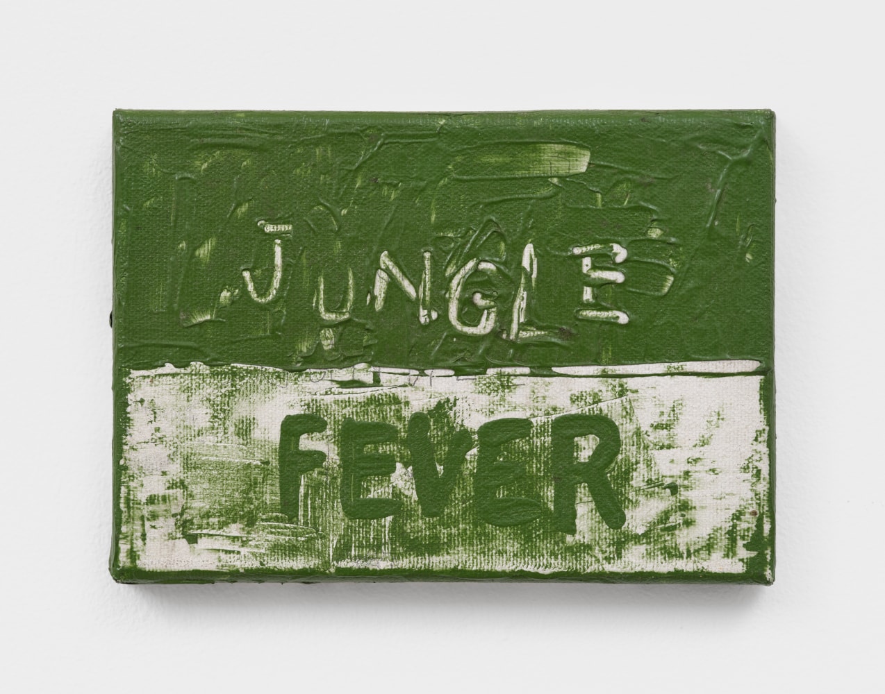 A green and white painting horizontally split in two with the top half reading &quot;JUNGLE&quot; and the bottom reading “FEVER&quot;