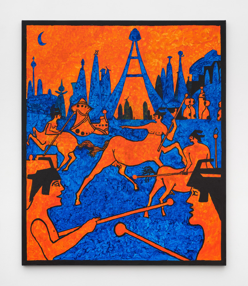 An orange and blue painting of centaurs fighting in an extraterrestrial city scape.