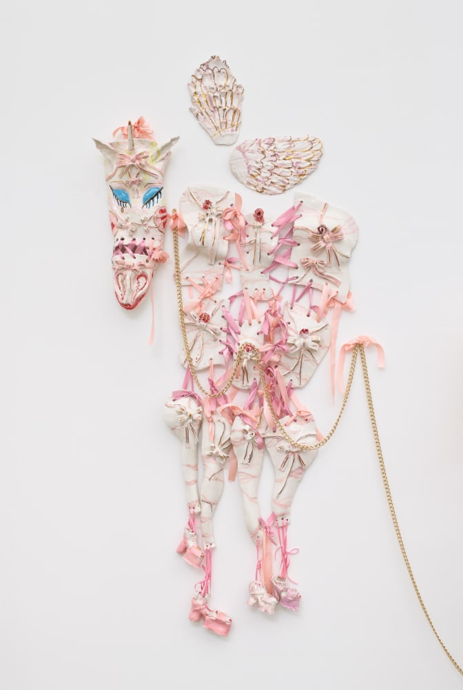 Dora Diamant, 2020 faïence, sugar glaze, gold lustre, gold leaf, ribbons, gold chain Dimensions variable, Overall: 77 x 34 1/2 x 6 1/2 in (195.6 x 87.6 x 16.5 cm)
