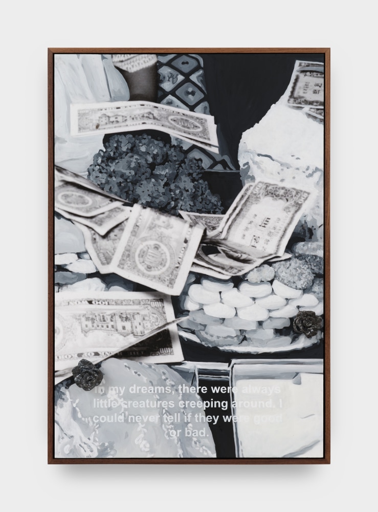 A digital printed photograph of stacks of money and gifts with painted details and a ceramic rose protruding from the picture plane.