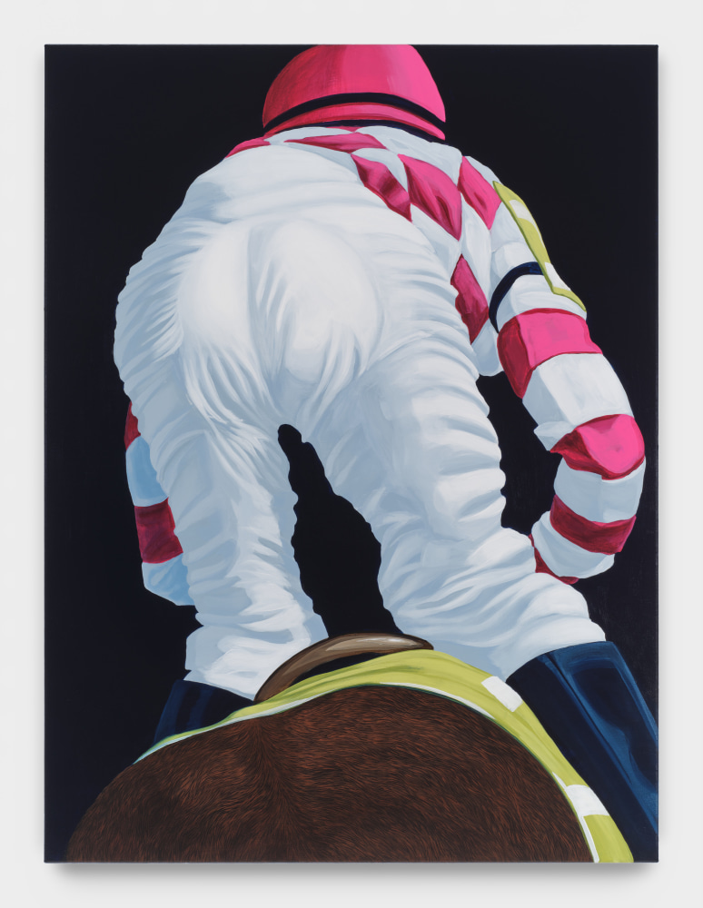 A painting depicting the back side of a jockey on a brown horse in racing position wearing white and pink argyle silks against a black background.