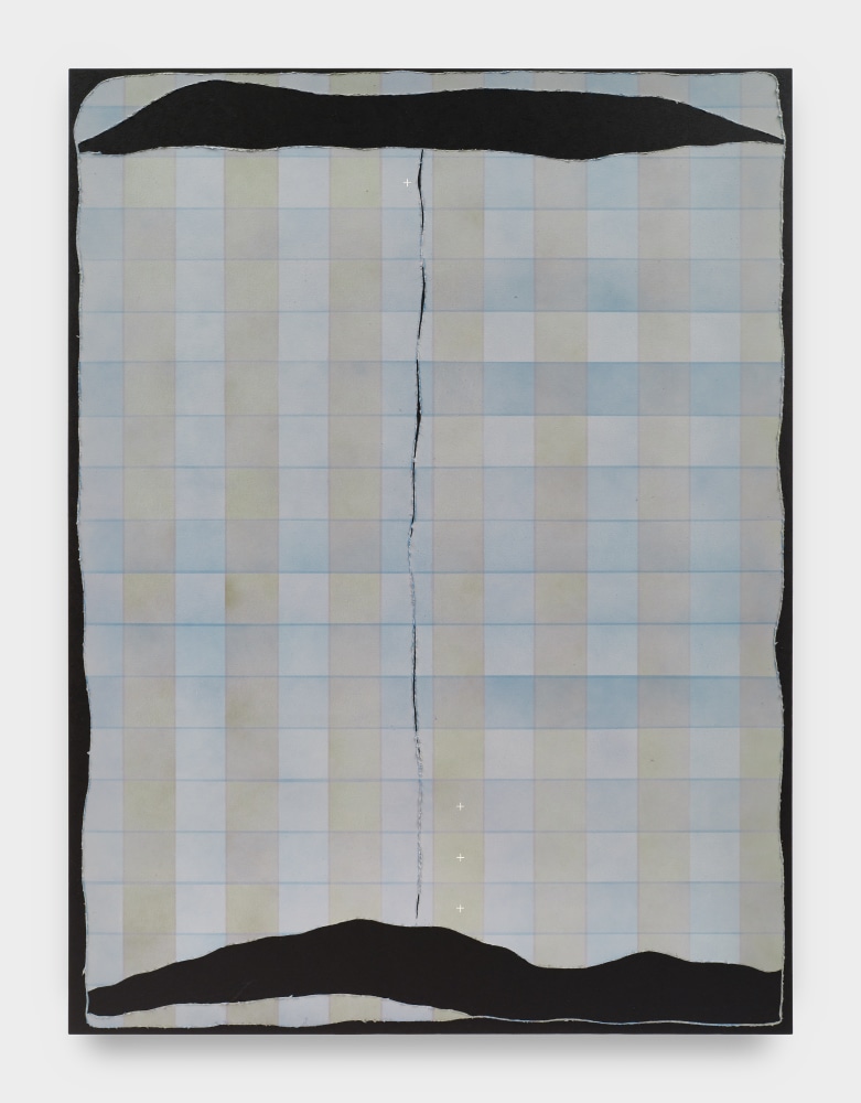 A painting on canvas of plaid in shades of blue, green, and taupe. With two wide black horizontal slashes at the top and bottom of the painting. A thin vertical black jagged line at the center.