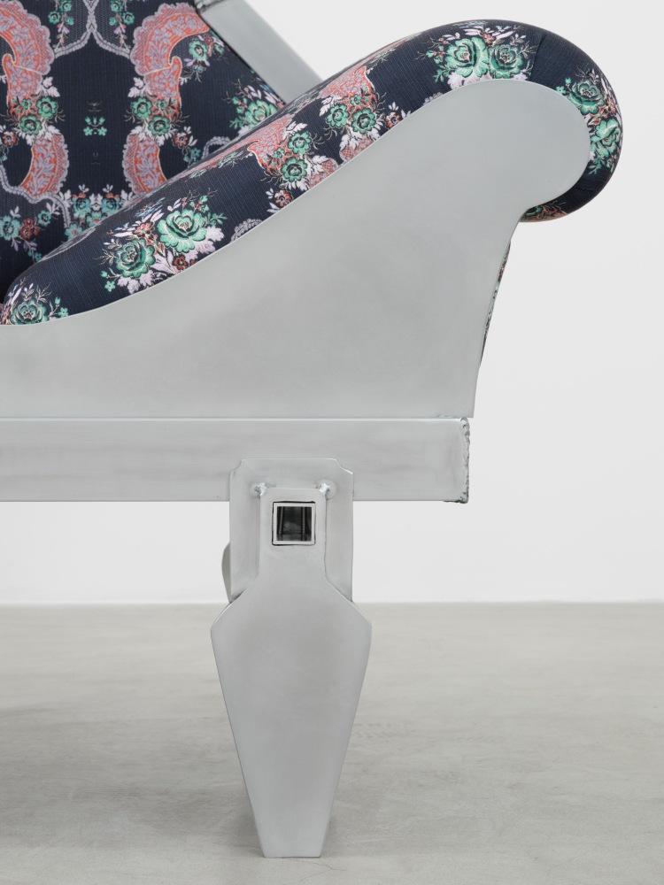 Carla Edwards, Chaise for Ghosts (Inverse), 2023 ​​​​​​​aluminum, tabby, custom textile, offering